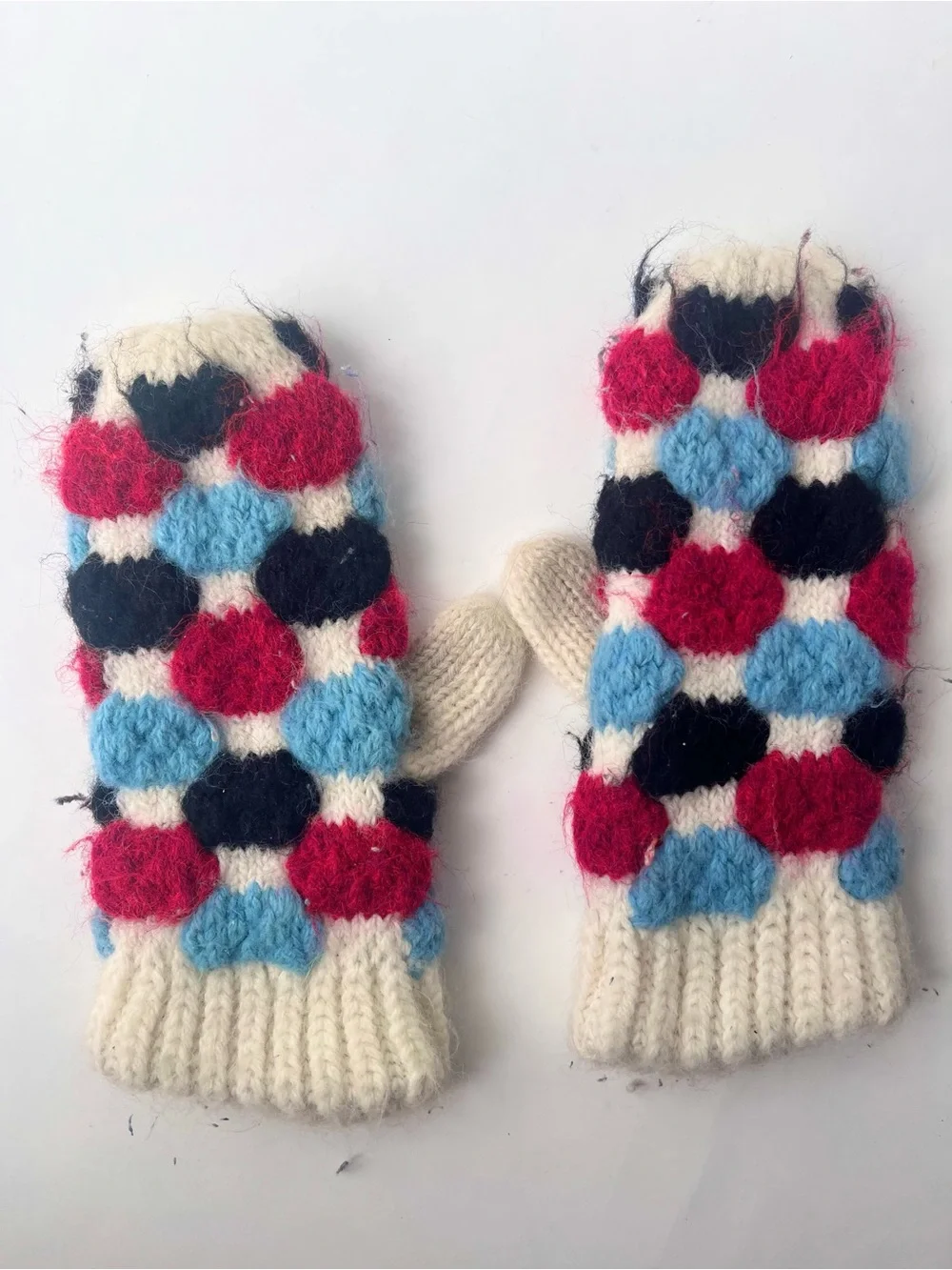 Handmade Multicolor Knitted Mittens White Blue Black Red One Size Women’s